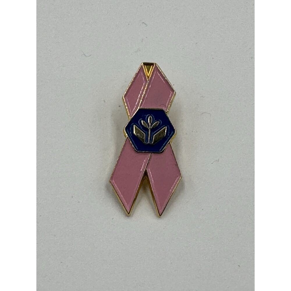 Vintage‎ Pink Awareness Ribbon Blue Flower Logo Breast Cancer Lapel Pin